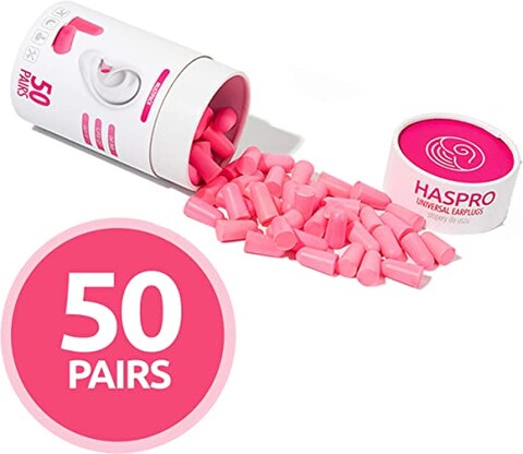 HASPRO [50 PAIRS] Eco-Friendly Bulk Pack, Ultra Soft Foam Earplugs in GIGA Tube with Carry Case, Best Earplugs for Noise Canceling, Snoring, Work, DIY, Noise Reduction SNR 38dB (Pink)