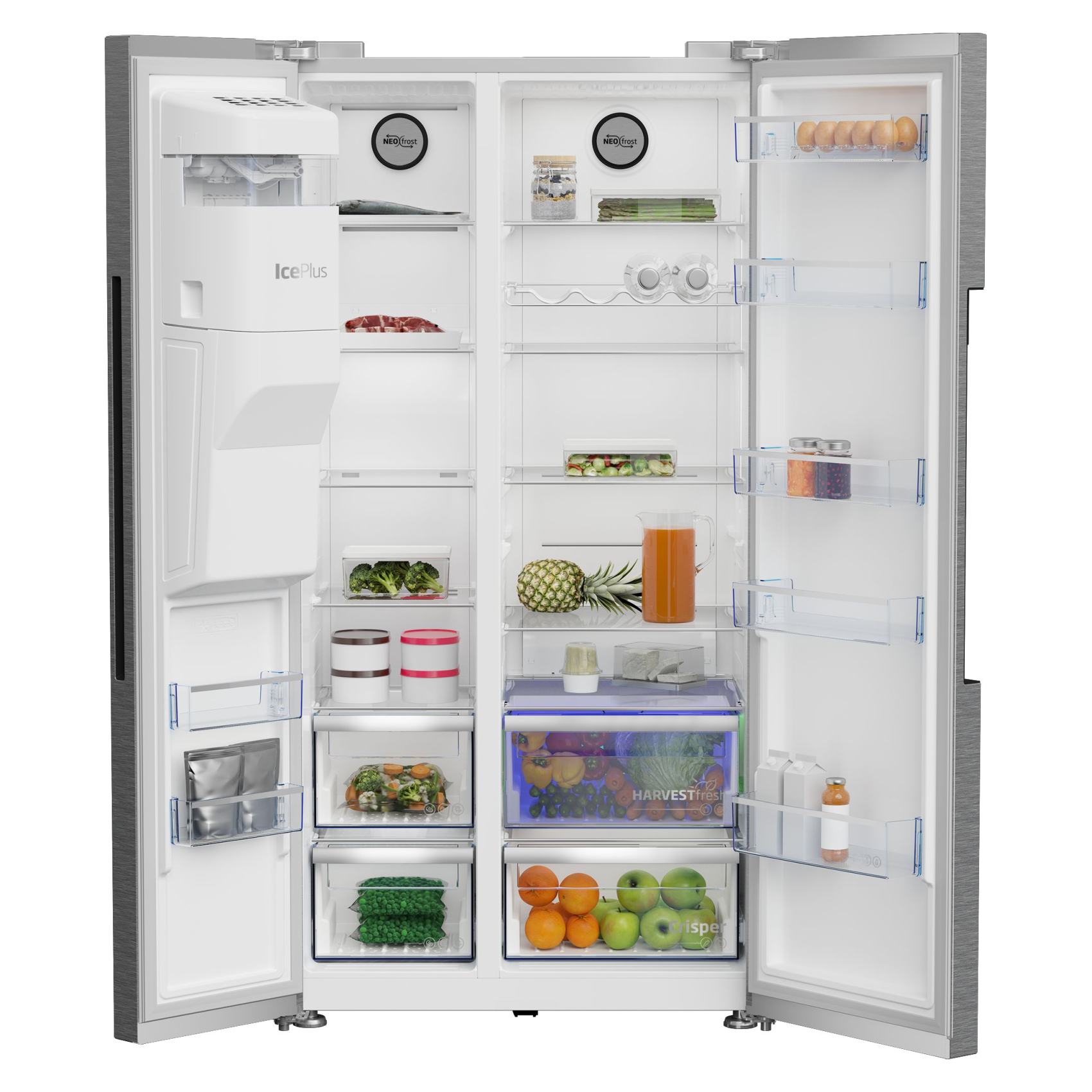 Beko 651 Ltr Side By Side Refrigerator 179X91 Cm, HarvestFresh, NeoFrost Dual Cooling, ProSmart Inverter Compressor, FastIce, With Automatic Ice Machine, Brushed Silver - GNE753DX, 1 Year Warranty