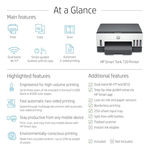 HP Smart Tank 720 Printer Wireless Print Scan Copy Auto Duplex Print up to 18000 black or 8000 color pages [6UU46A]