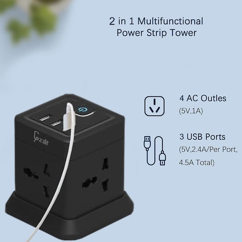 Gzar Tower Extension Cord Power Strip Cube/Lead with 4 Outlets Sockets and 3 USB Ports   5 Ft/1.5M Power Cord Phone &amp; Desktop Charging Station, Compact Portable For Travel, Home &amp; Office (Black)