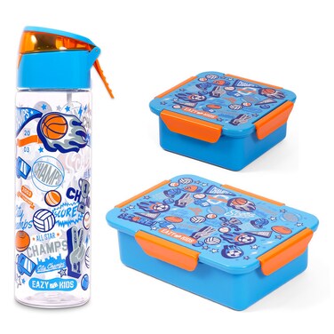 Eazy Kids Lunch Box Set and Tritan Water Bottle w/ Spray, Soccer  - Blue, 750ml
