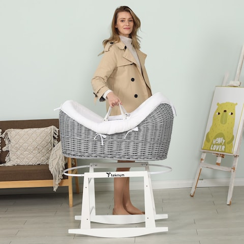 Teknum Infant Wicker Pod Moses Basket with White Waffle Beddings &amp; White Rocker Stand - Wooden Grey