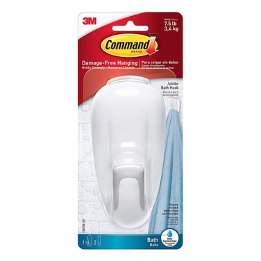 Command 17600B-ES Bathroom Hook with Water-Resistant Strips, Large, Holds 3.4 Kg. each hook, white color. 1 hook and 2 strips/pack