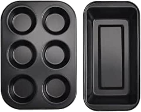 2 Pcs, 6 Cups Cupcake Tray + Loaf Pans, Nonstick Brownie Cake Pan, Carbon Steel Bakeware for Oven, Baking Muffin Tray Tool Mold