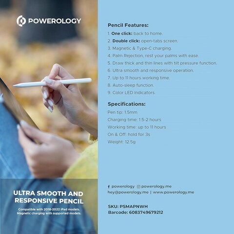 Powerology Pencil Pro With Palm Rejection, Magnetic Charging, LED Indicators, Home/Tabs Button, With Tilt Pressure Function Compatible With 2018-2022 iPad Models, 1.5mm Pin Tip - White
