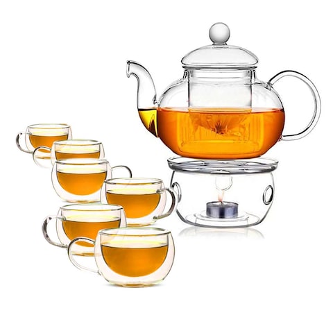 LIYING Double Wall Glass Teapot Set Combined With  Teapot 1 x 600ml ,1 Candle Warmer , Coffee and Tea cup [6 x 60ml], Heat-resistant Stovetop Dishwasher Safe Teapot with Removable Filter ,Blooming and