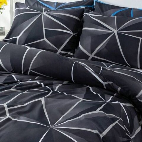 Luna Home Single Size 4 Pieces Black With Grey Geometric Design Duvet Cover Set