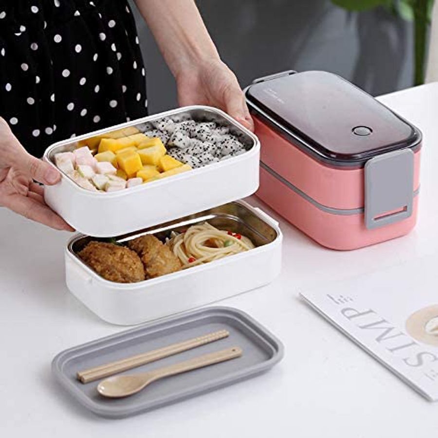 Bento Lunch Box 1400ml, Leak-proof, On the Go Meal with Spoon and Chopsticks, White