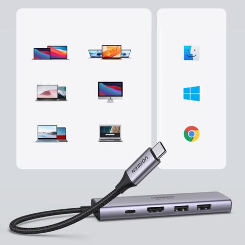 UGREEN USB-C 6 IN 1 USB-C, HDMI,USB 3.0,SD/TF CARD SLOT,100W PD USB C CHARGING Multifunction Adapter with PD Charging GRY
