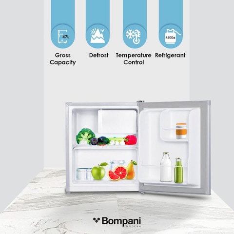 Bompani 64L Gross Capacity Single Door Refrigerators Silver 64 Ltrs Defrost Recessed Handle R600A Inside Condenser BR64SLVR - 1 Year Full &amp; 5 Year Compressor Warranty - Silver