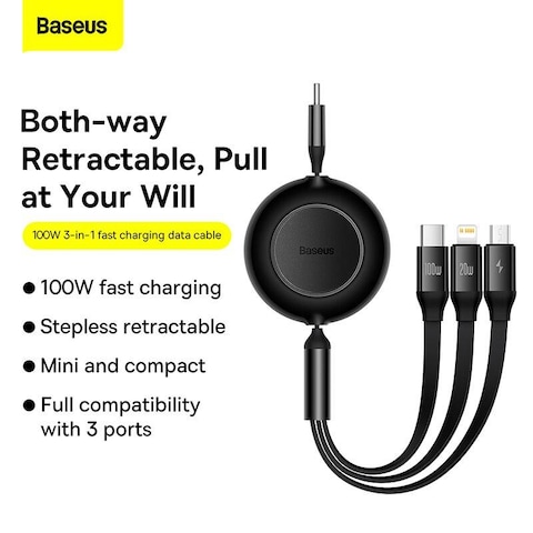 Baseus Bright Mirror 2 Series Fast Charging Cable,100W 1.2M 3 in 1 Retractable Type-C Charging Cable with Lightning/Type C/Micro Port, for iPhone 15 14/13/12, Samsung Galaxy S24/S23, Huawei, OnePlus