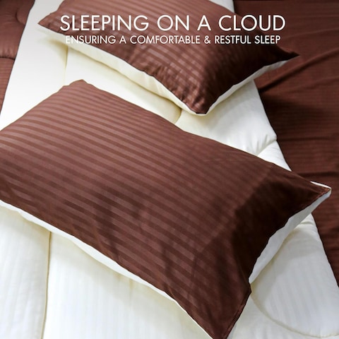 Hotel Linen Klub Reversible Down Alternative Comforter Set, Ultra Soft Brushed Stripe Microfiber Fabric, 200GSM Soft Fibersheet Filling, Size: Single 160 x 200cm, Chocolate &amp; Cream