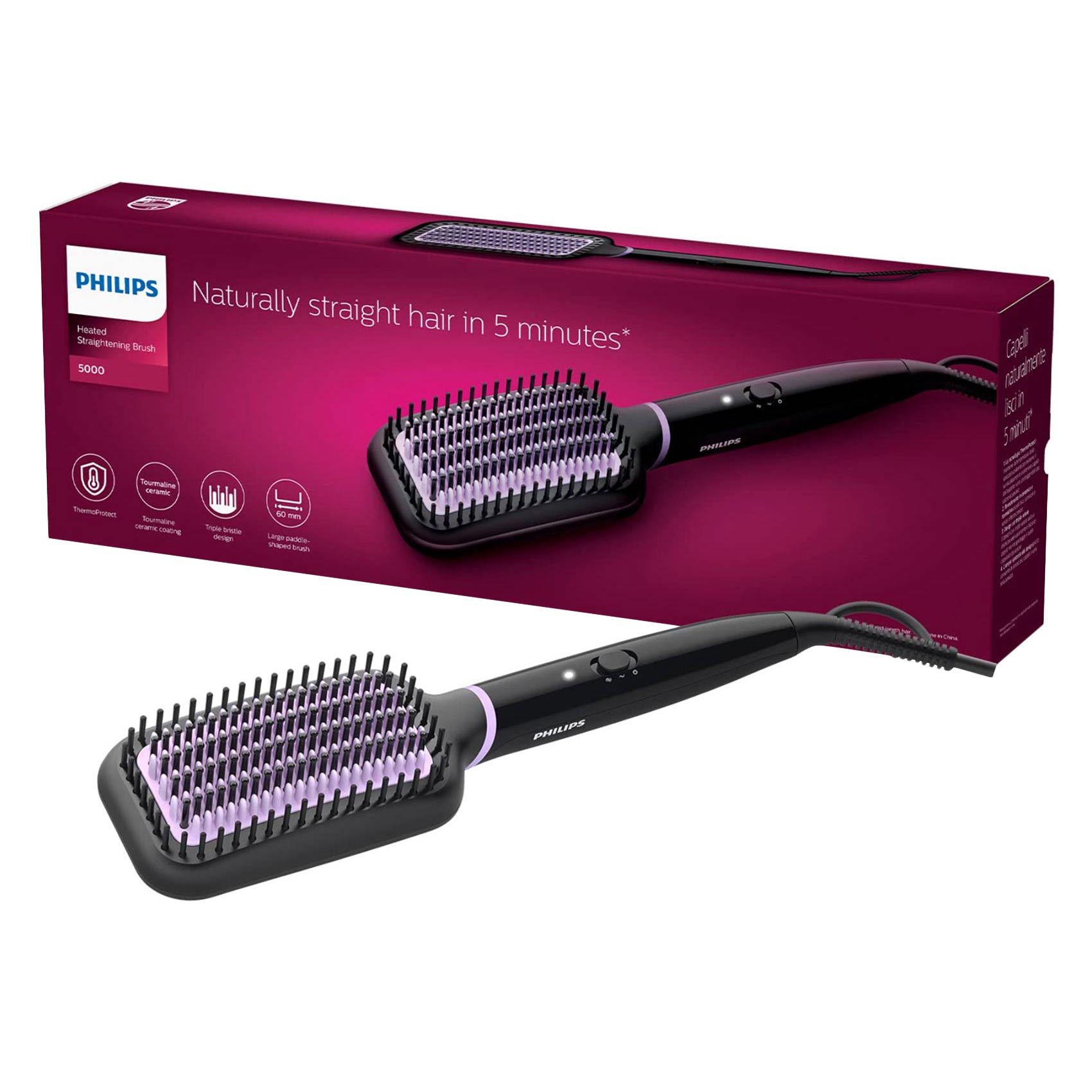 Philips Heated Straightening Brush, Tourmaline Ceramic Coating, 2 temperature settings, 3 Pin, BHH880/03, Black/Purple