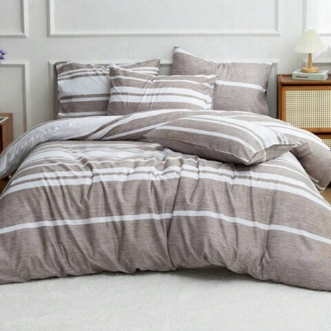 Luna Home Single Size 4 Pieces, Light Brown Stripe Design Bedding Set