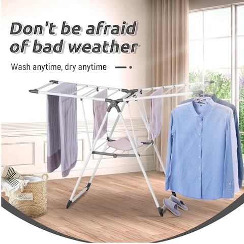 Clothes Drying Rack, Foldable Laundry Rack with Height-Adjustable Gullwings Space-Saving, Laundry Room Organization