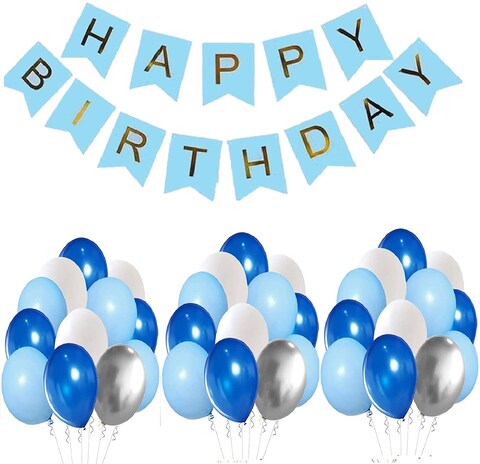 Party Time 31-Pieces Set of Blue Happy Birthday Banner &amp; 30pcs 12&quot; Blue Silver White Latex Balloons For Birthday Party Decoration - Party Supplies