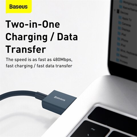 Baseus Superior Series USB to Lightning-Fast Charging Cable Data Transfer 2.4A for iPhone 13 12 11 Pro Max Mini XS X 8 7 6 5 SE iPad and More (2M) Blue