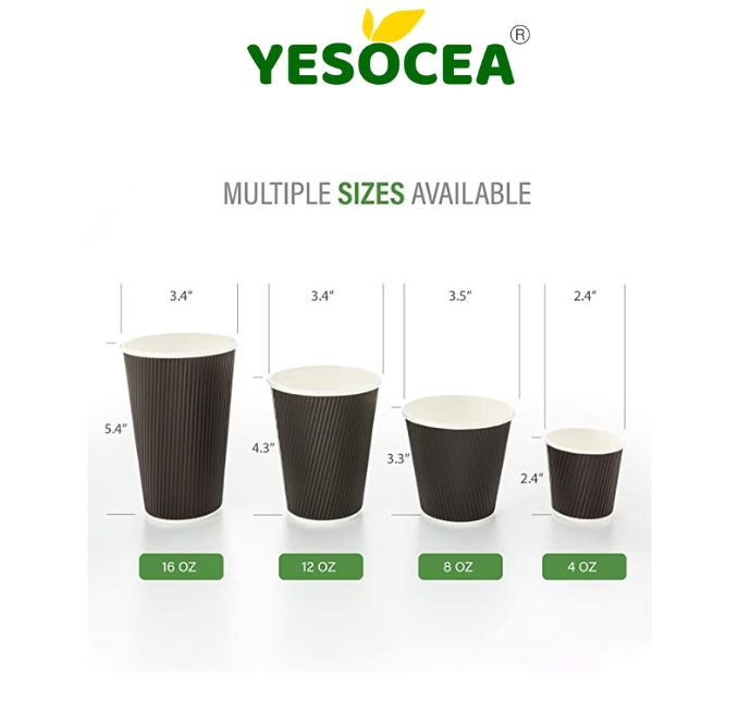 YESOCEA [50 مجموعة] 12 أوقية. فناجين قهوة سوداء للاستعمال مرة واحدة مع أغطية - أكواب ورقية ثلاثية تموج الساخنة للشاي والمشروبات للذهاب