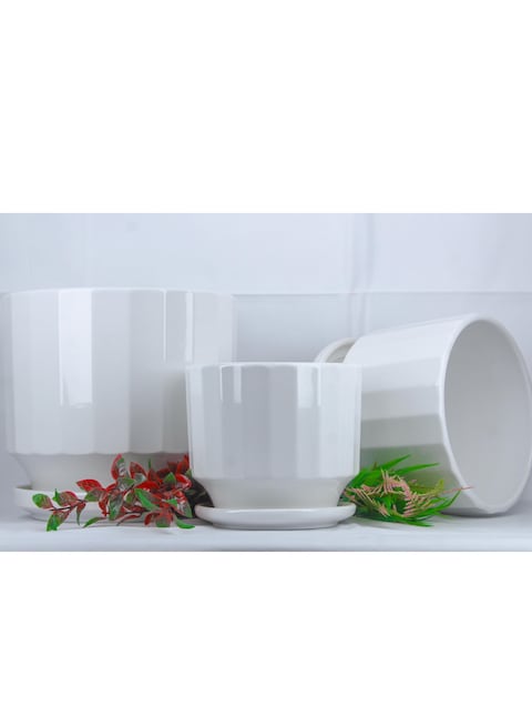 Vsell24&nbsp;White Ceramic Flower Pot Set with Drainage Holes and Saucers-Medium