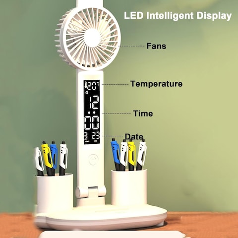 Foldable Double Head Led Fan Desk Lamp,USB Rechargeable Reading Lamp with Digital Temp, Time, Date, Pen Holders 3 Color Modes and Infinite Dimming, Double Swing Arm Desk Lamp,for Reading, Home