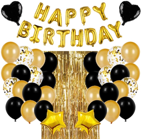 Party Time 49-Pieces Black and Gold Birthday Party Decorations Set with Happy Birthday Balloons Banner, Confetti Balloons, Foil Fringe Curtain for Birthday Party Supplies