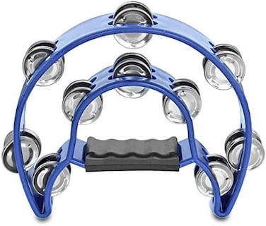 Mike Music Half Moon Musical Tambourine Double Row Metal Jingles Hand Held Percussion Drum For Gift Ktv Party Kids Toy With Ergonomic Handle Grip (Half Moon, Blue)