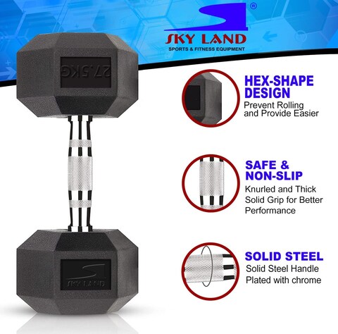 Sky Land HEX Dumbbell Rubber Coated Cast Iron Hexagonal Dumbbells 27.5 kg*2 for Professional Exercise, Premium Hand Weight Dumbbell, Strength Training Equipment, Full Body Workout, EM-9260-27.5