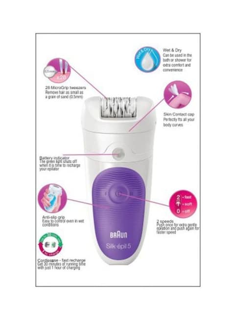 Braun - Silk-Epil 5 Wet And Dry Cordless Epilator White/Purple