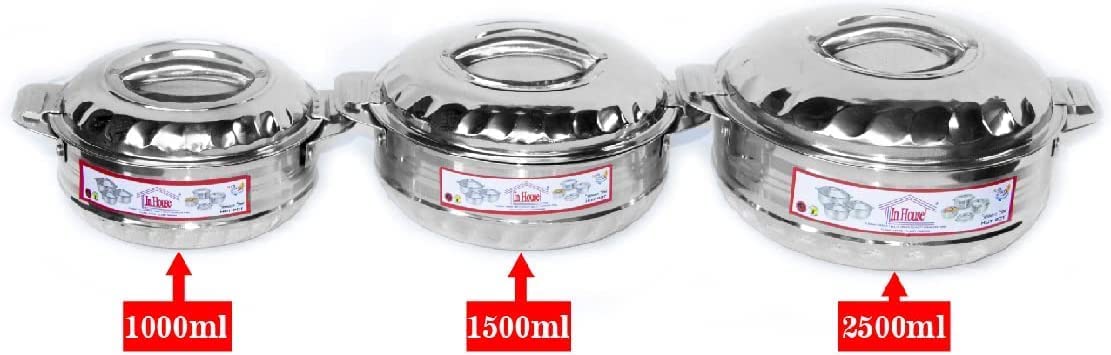 Generic Hotpot Casserole 3 Pcs Set Size 1000, 1500, 2500, Flora Sliver Touch Hotpot Stainless Steel Thermal Serving Bowl, Keeps Food Hot For Long Time, Set Of 3 Pcs