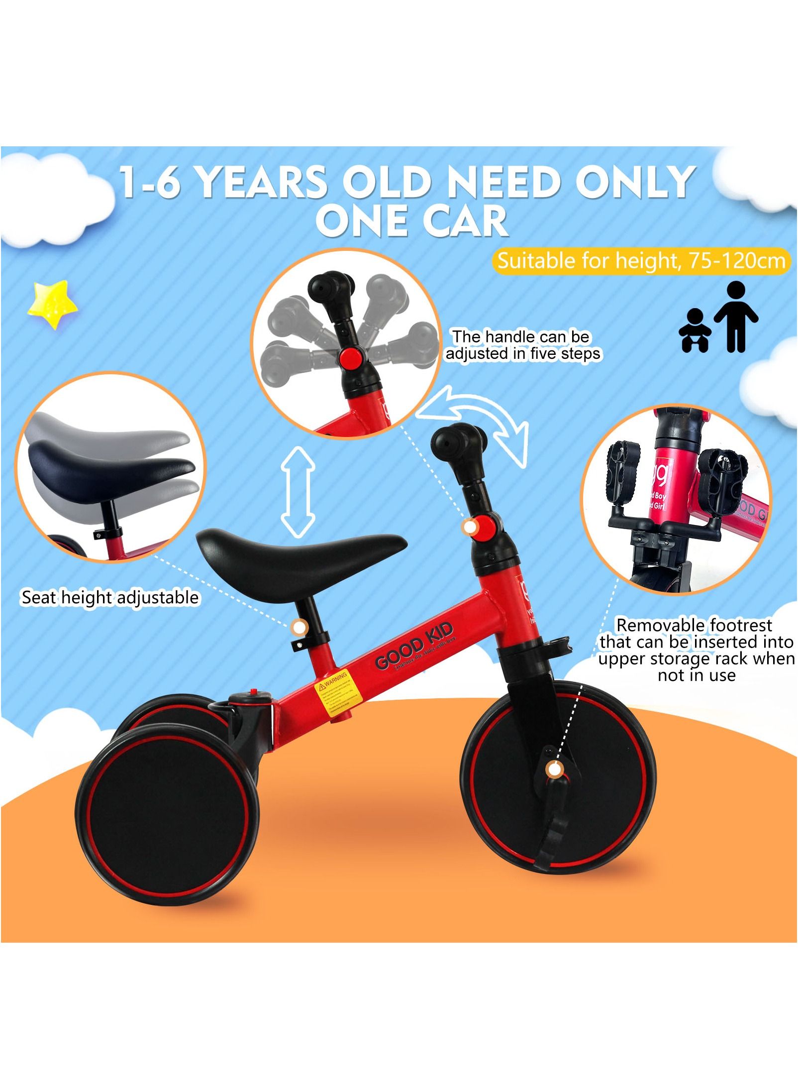 Thumbnail image for Sky-Touch 4 In 1 Kids Balance Bike Tricycles, For 1-4-Year-Old Toddlers, Trike With Adjustable Seat, Indoor Or Outdoor, Red