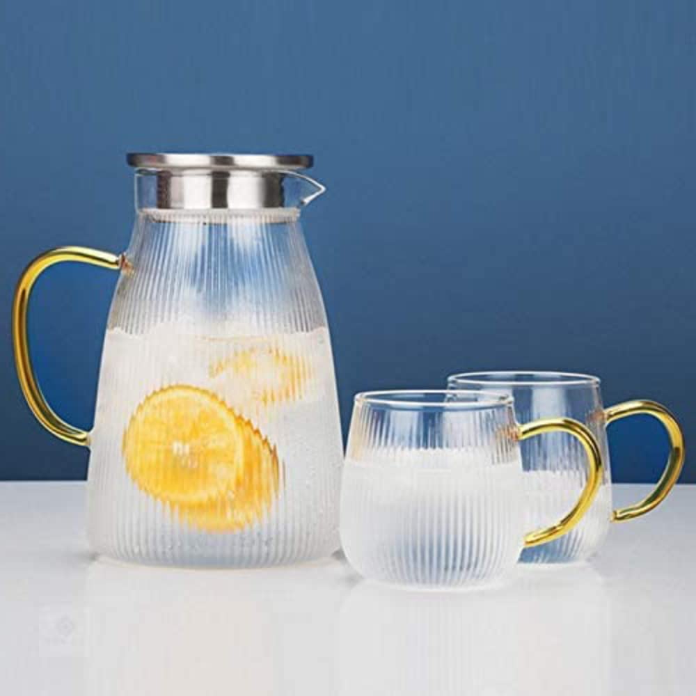 1Chase️ Heat Resistant Borosilicate1500 ml Glass Water Pitcher With Stainless Steel Strainer Lid With Set Of 2 Pcs 350 ml Glass Mugs For Tea, Coffee, Juice, Milk And For Daily Use