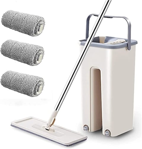 Dreamons link 5 pcs mop,Floor Cleaning Tools,Sided Free Hand Washing Flat Mop Wooden Floor Mop Dust Push Mop,1x Bucket,1x Mop Rack,5 x Rags