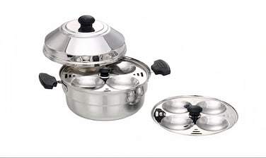 TAJ - Stainless Steel Idly Pot 8 pits 2 Plates - Silver