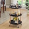 3 Tier Trolley Rolling Cart Solid Wood Frame Round Lockable Wheels Guard Rails Organizer,black
