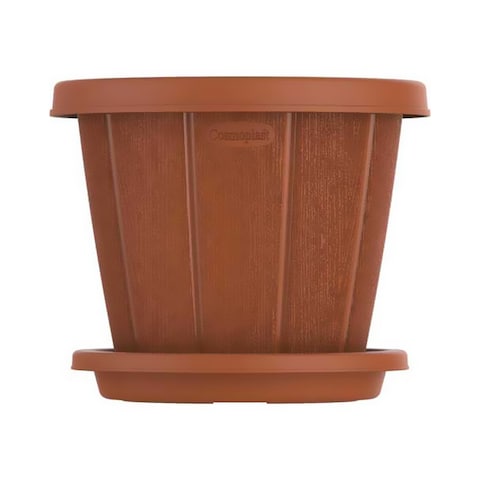 Buy Cosmoplast Woodgrain Flower Pot With Tray Brown 6inch in UAE