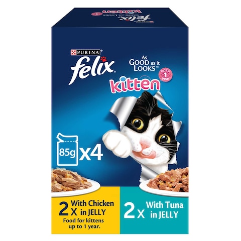 Purina Felix As Good As It Looks with Chicken and Tuna in Jelly Kitten Wet Food, 85g Pack of 4