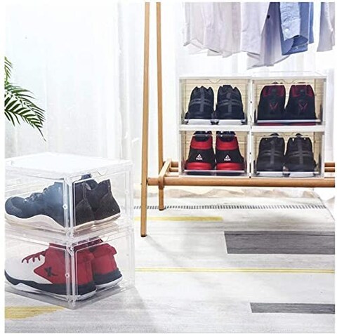 1CHASE&reg; Shoe Storage Box , Drop Front Stackable Transparent Shoe Box with Clear Door, Storage Organizer for Sneaker Display,Easy Assembly,Fits up to UK Size 44(13.4&rdquo;x 9.8&rdquo;x 7.4&rdquo;) 4Pcs Set