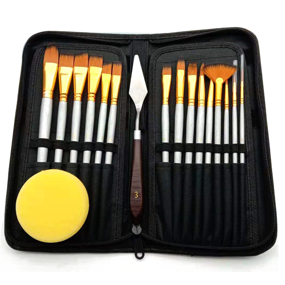 Generic-17pcs Artist Paint Brush Set with Canvas Bag Paint Scraper Sponge for Watercolor Brush Oil Acrylic Drawing Painting Art Supplies