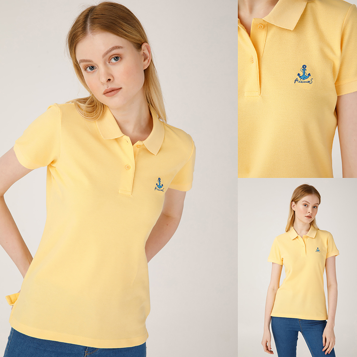 Biggdesign Anemoss Crab Women's Polo Collar T-shirt, Short Sleeve Golf Tennis Tshirt, 100% Cotton, L Size, Yellow