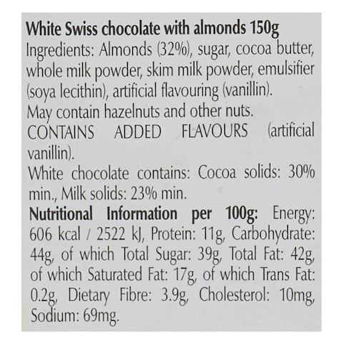 Lindt Les Grandes 32 Whole Almond White Chocolate Bar 150G