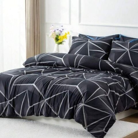 Luna Home Queen Size 6 Pieces, Black With Grey Geometric Design Duvet Cover Set