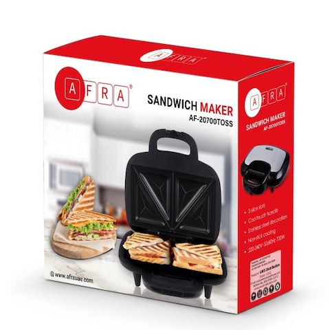 AFRA Grill And Sandwich Maker, Non-Stick Surface, 2 Slice Slots, Black, Stainless Steel, 700W, G-Mark, ESMA, RoHS, CB, AF-20700TOSS, 2 Years Warranty