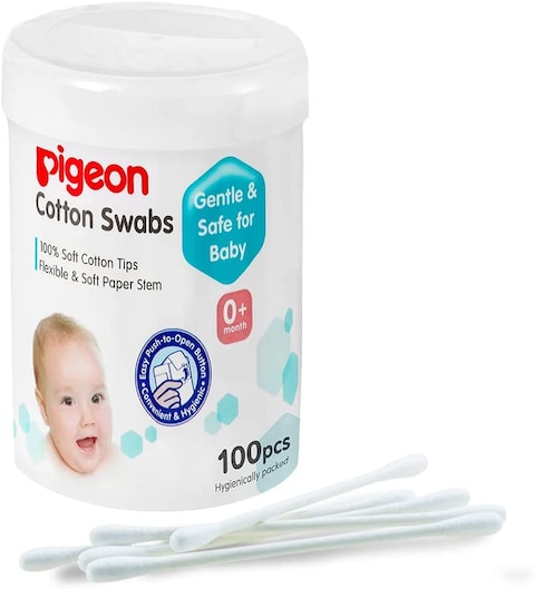 Pigeon Cotton Swabs, Flexible And Soft Paper Stem, 100% Soft Cotton Tips, Hinged, 100 Pieces, White