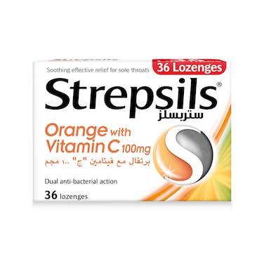 Strepsils Orange with Vitamin C 100 mg,Soothing Effective Relief for Sore Throats, 36 Lozenges