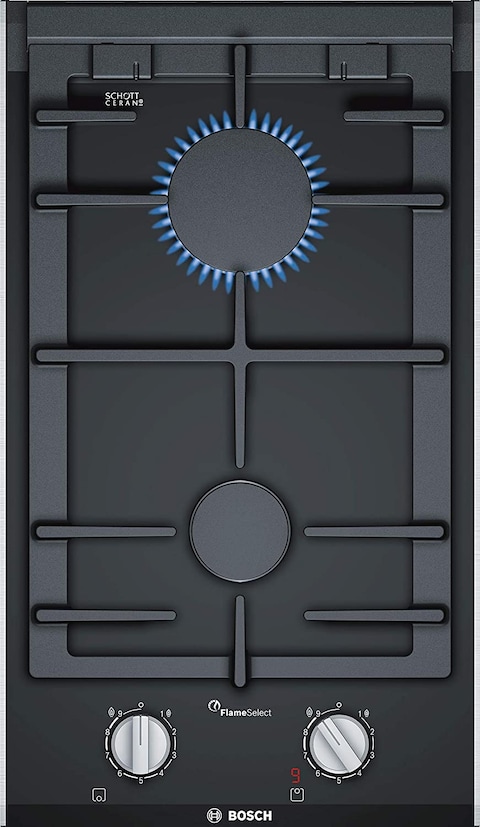 Bosch Series   8 Domino Gas Hob, 30 Cm, Cast Iron Pan Support, Auto Ignition, Knob Control, Black - PRB3A6D70M, 1 Year Manufacturer Warranty