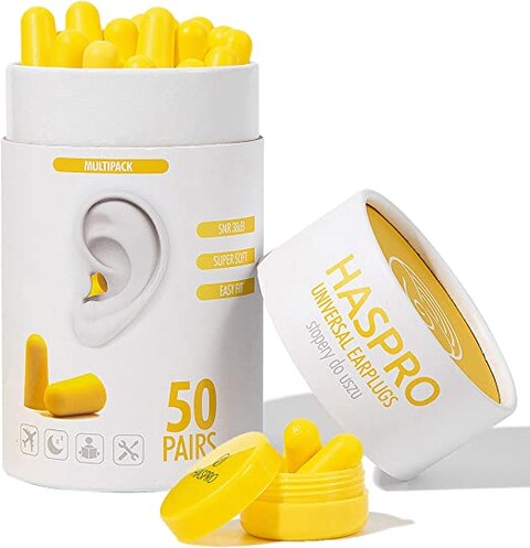 HASPRO [50 PAIRS] Eco-Friendly Bulk Pack, Ultra Soft Foam Earplugs in GIGA Tube with Carry Case, Best Earplugs for Noise Canceling, Snoring, Work, DIY, Noise Reduction SNR 38dB (Yellow)