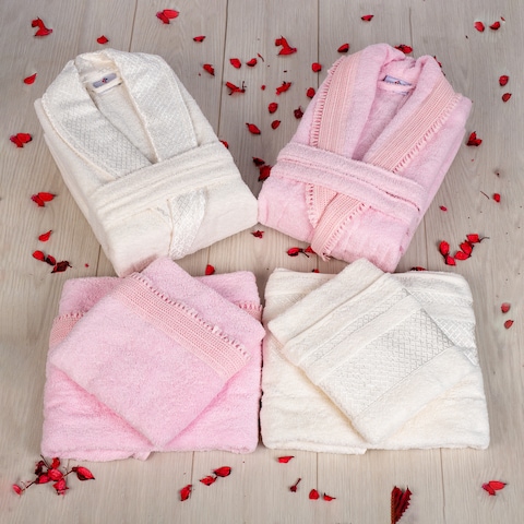 6 Piece Family Bathrobe Set &amp; Towels, Premium Turkish Cotton 2 Bathrobes &amp; 4 Towels in box Matching Couple set (Cream Pink)