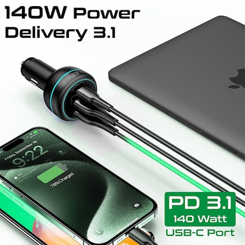 Promate PowerDrive-230 230W RapidCharge Car Charger with Dual Power Delivery and Quick Charge Ports