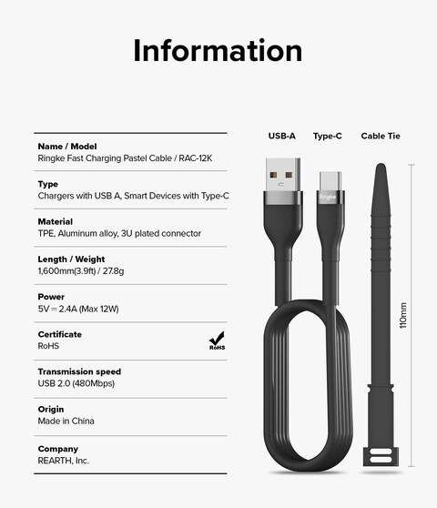 Ringke - Fast Charging Pastel Cable - USB Type - A to Type C - Black (1.2m)