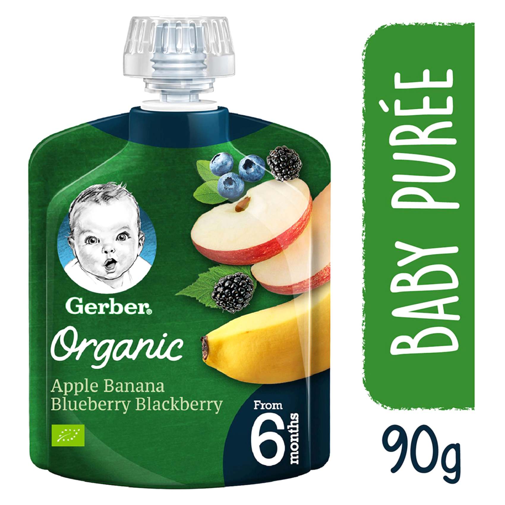 Gerber Organic Apple Banana Blueberry Blackberry Puree Green 90g